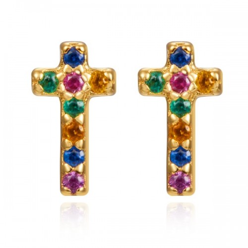 Cross multicolored zircons stud earrings